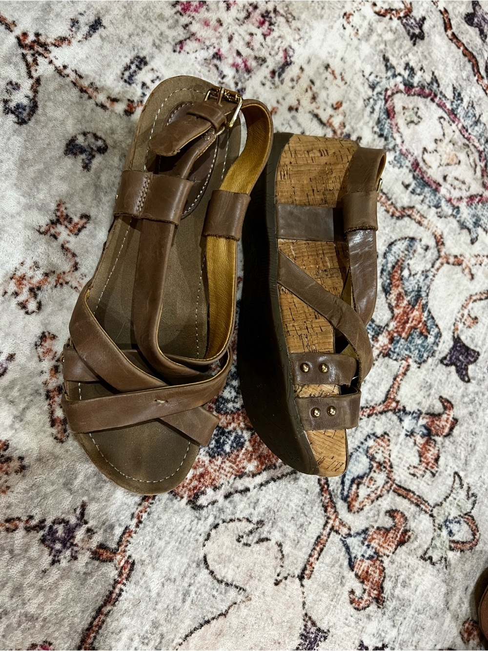 bussola Brown Cork Wedge Sandals with Cross-Strap Design